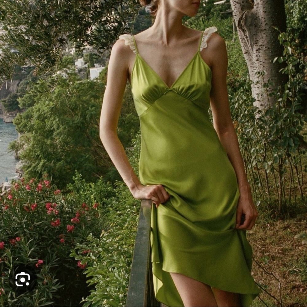 DOEN Claire Dress Silk Chartreuse Green Midi Maxi Slipdress XS Babydoll Retro - Picture 3 of 15